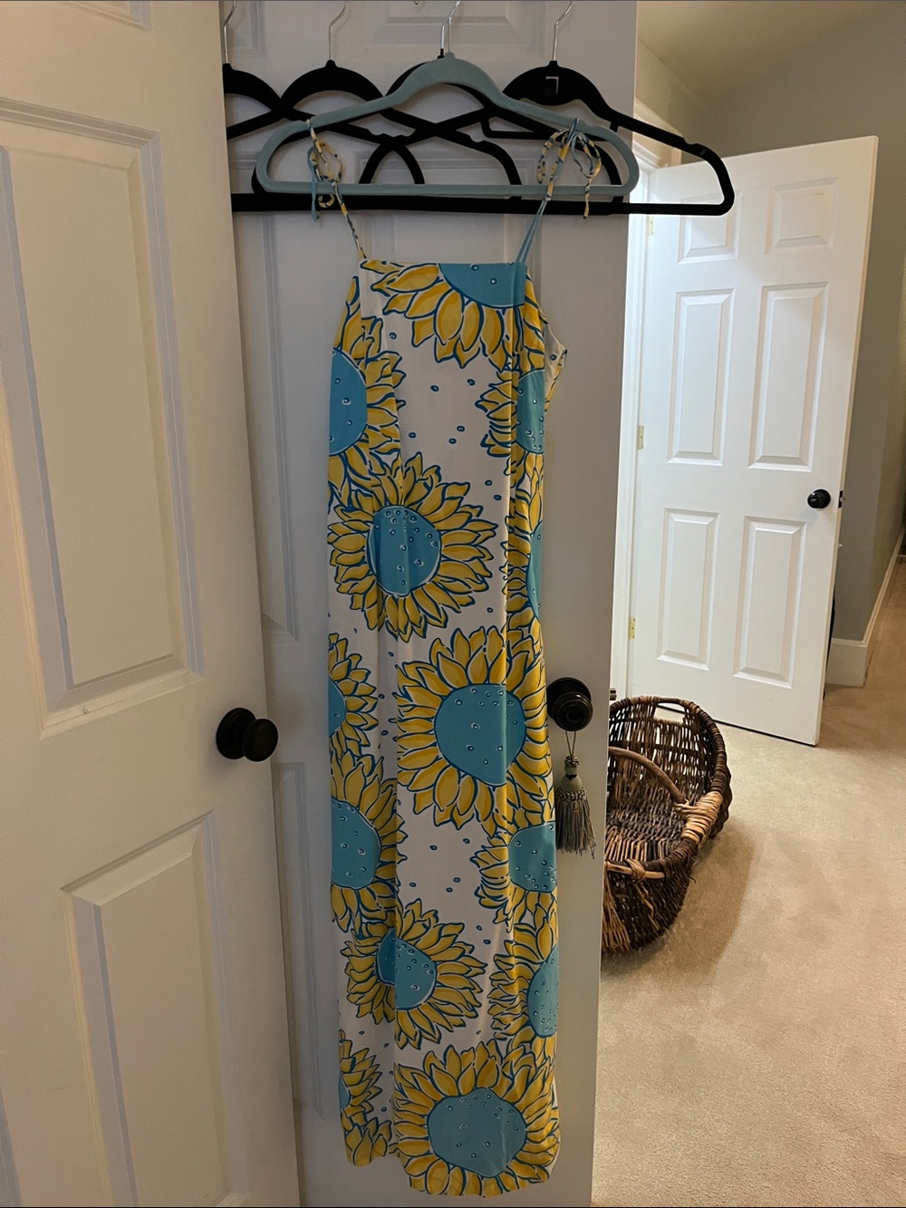 Lilly Pulitzer White Maxi Dress with Yellow Sunflower & Blue Centers